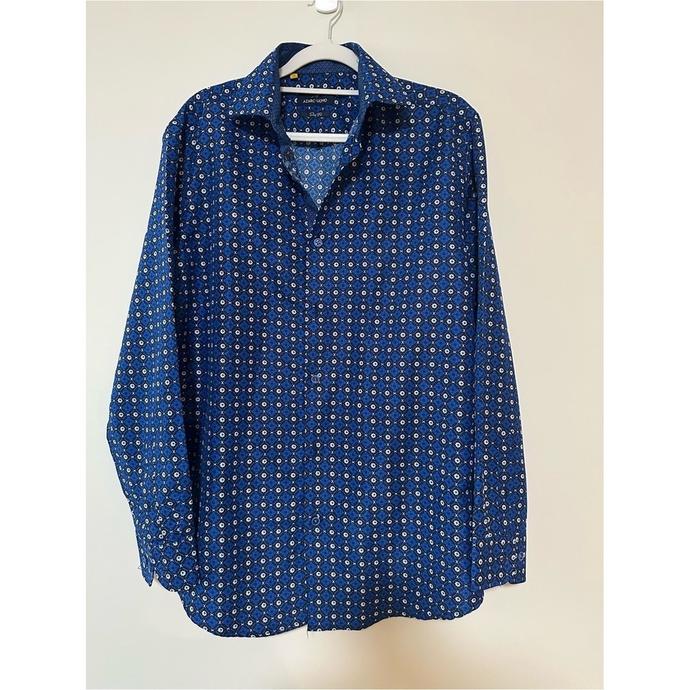 Geometric Preppy Azarc Uomo Button Down Shirt S Blue Slim Fit Long Sleeve